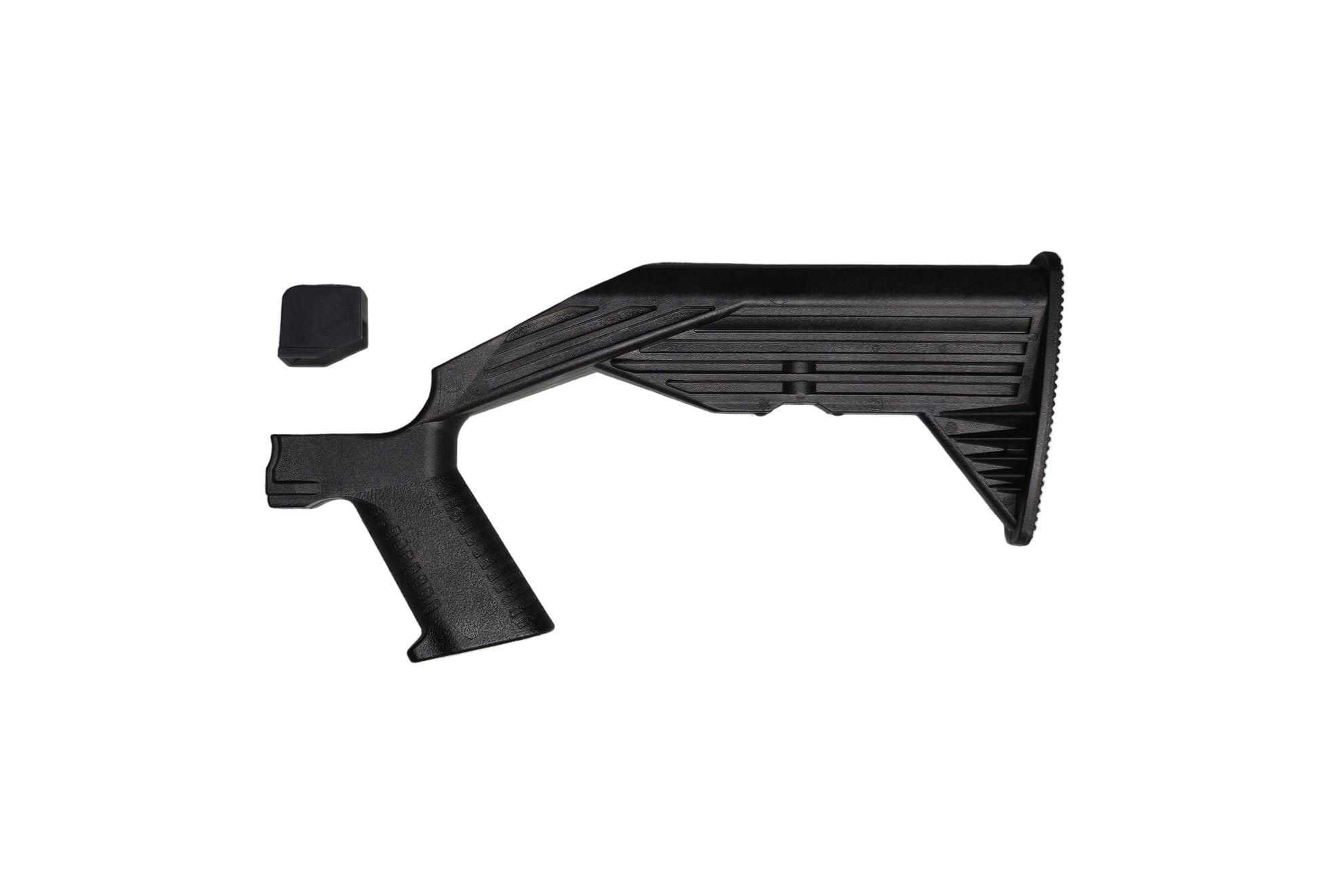 Black rifle stock on a gray background