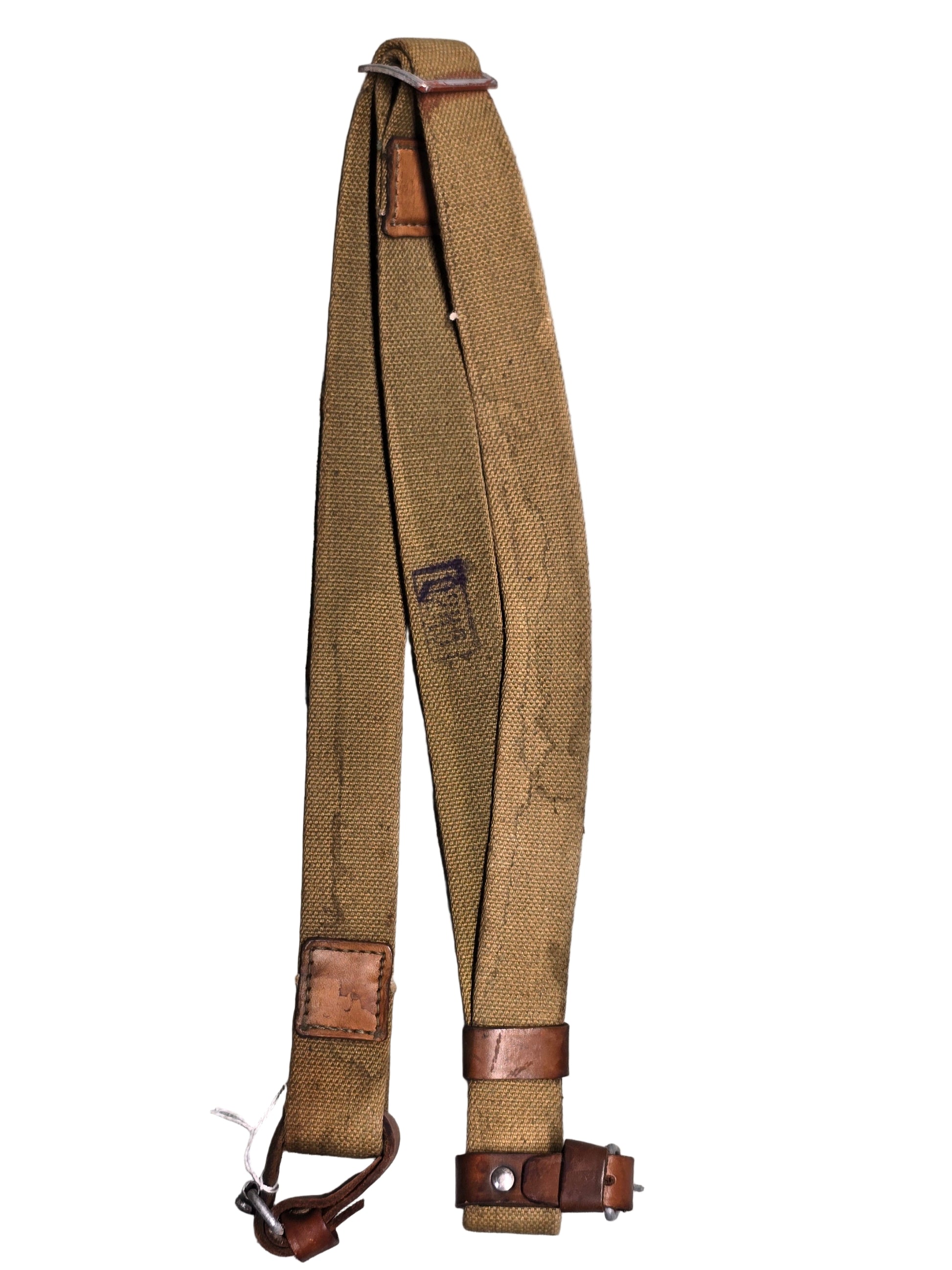 Russian Mosin Nagant Sling 
Brown leather belt with metal buckle on a light gray background