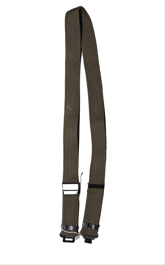 British webbing WW2 belt, Brown belt with metal buckle on a gray surface