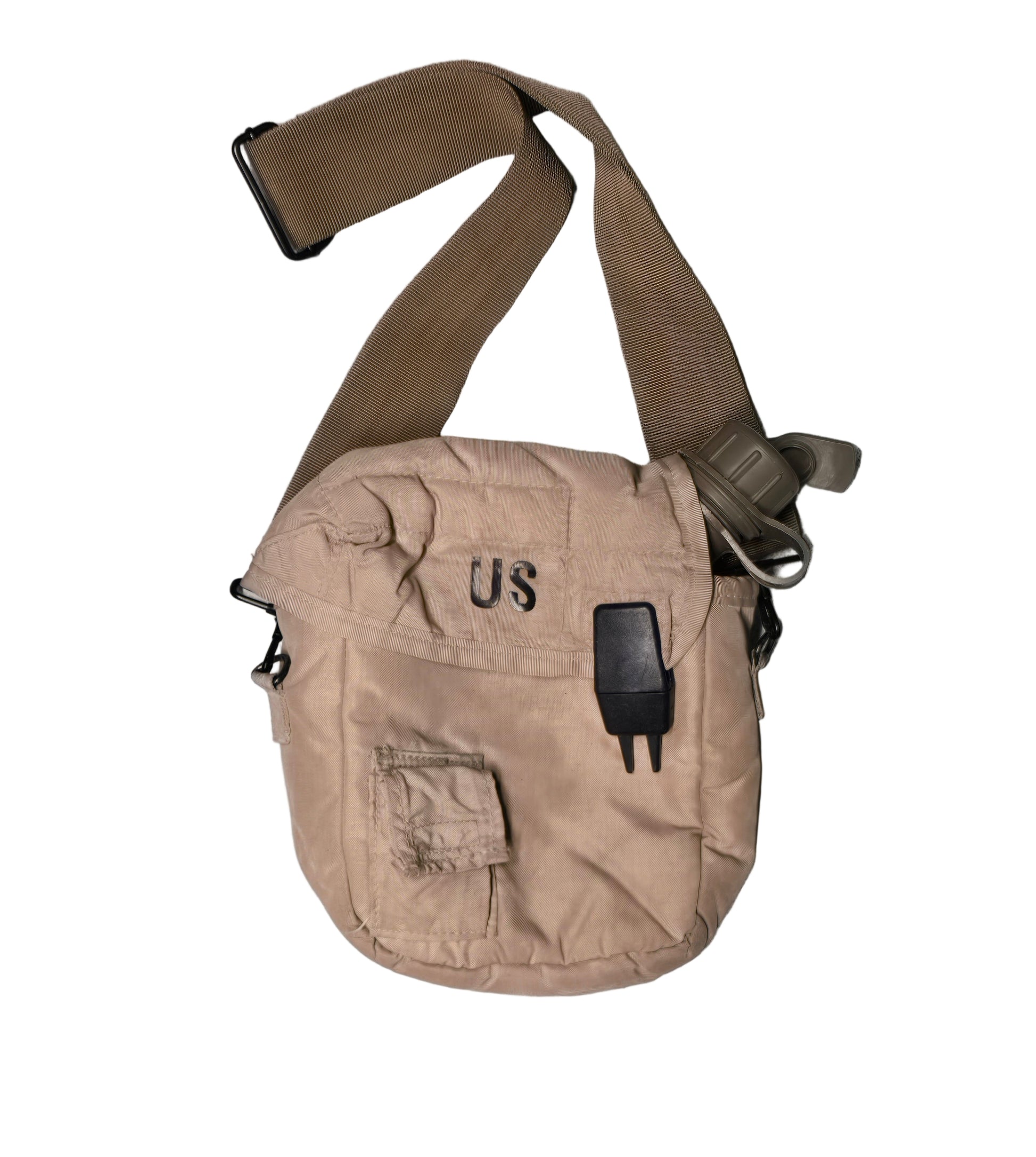 Tan shoulder bag with 'US' branding on a gray surface