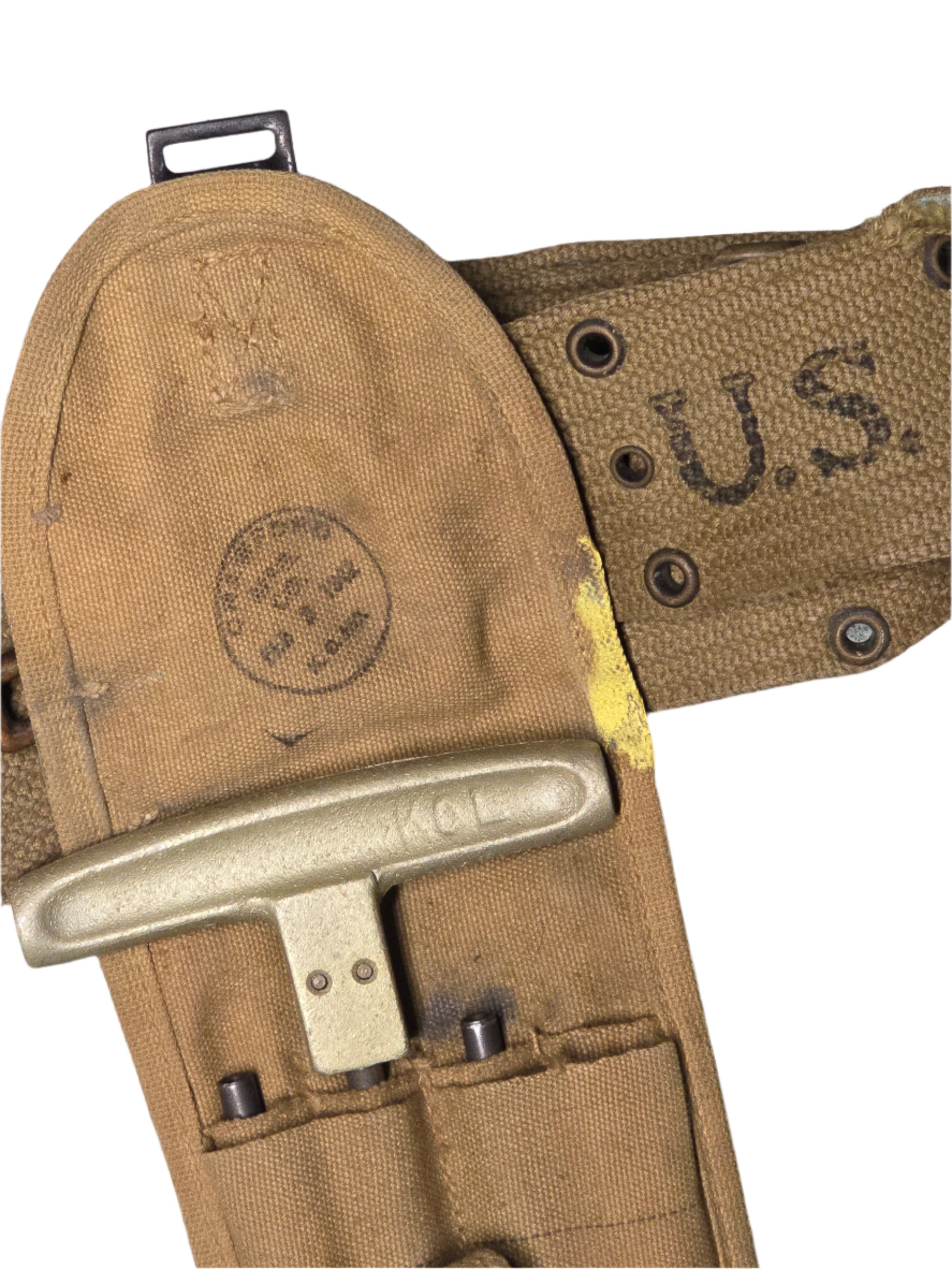 M1 Garand Cleaning Kit with U.S. M1942 Belt, Brown leather belt with metal buckle and 'U.S.' engraving on a gray background