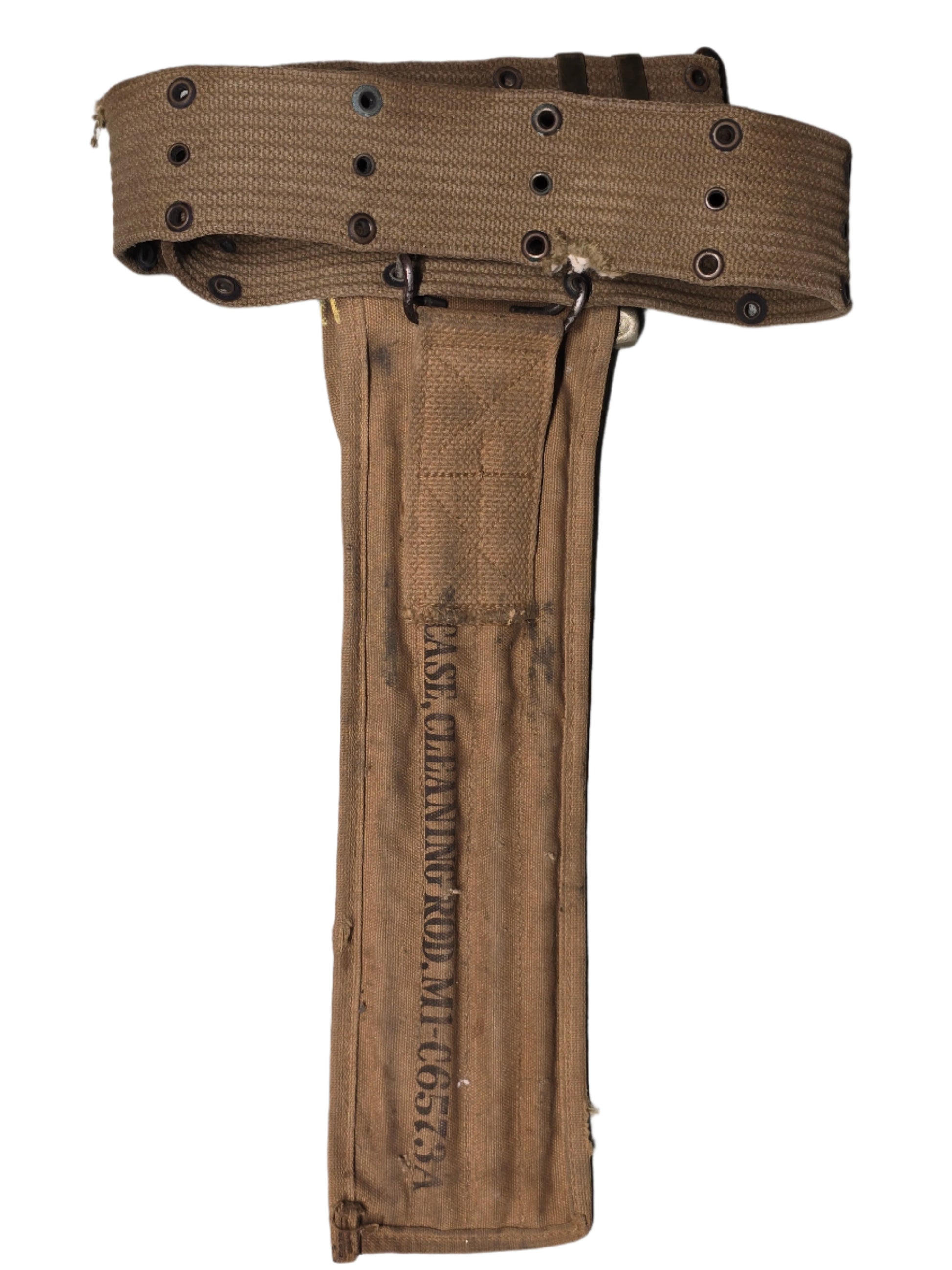 M1 Garand Cleaning Kit with U.S. M1942 Belt, Brown leather belt with metal buckle on a gray background