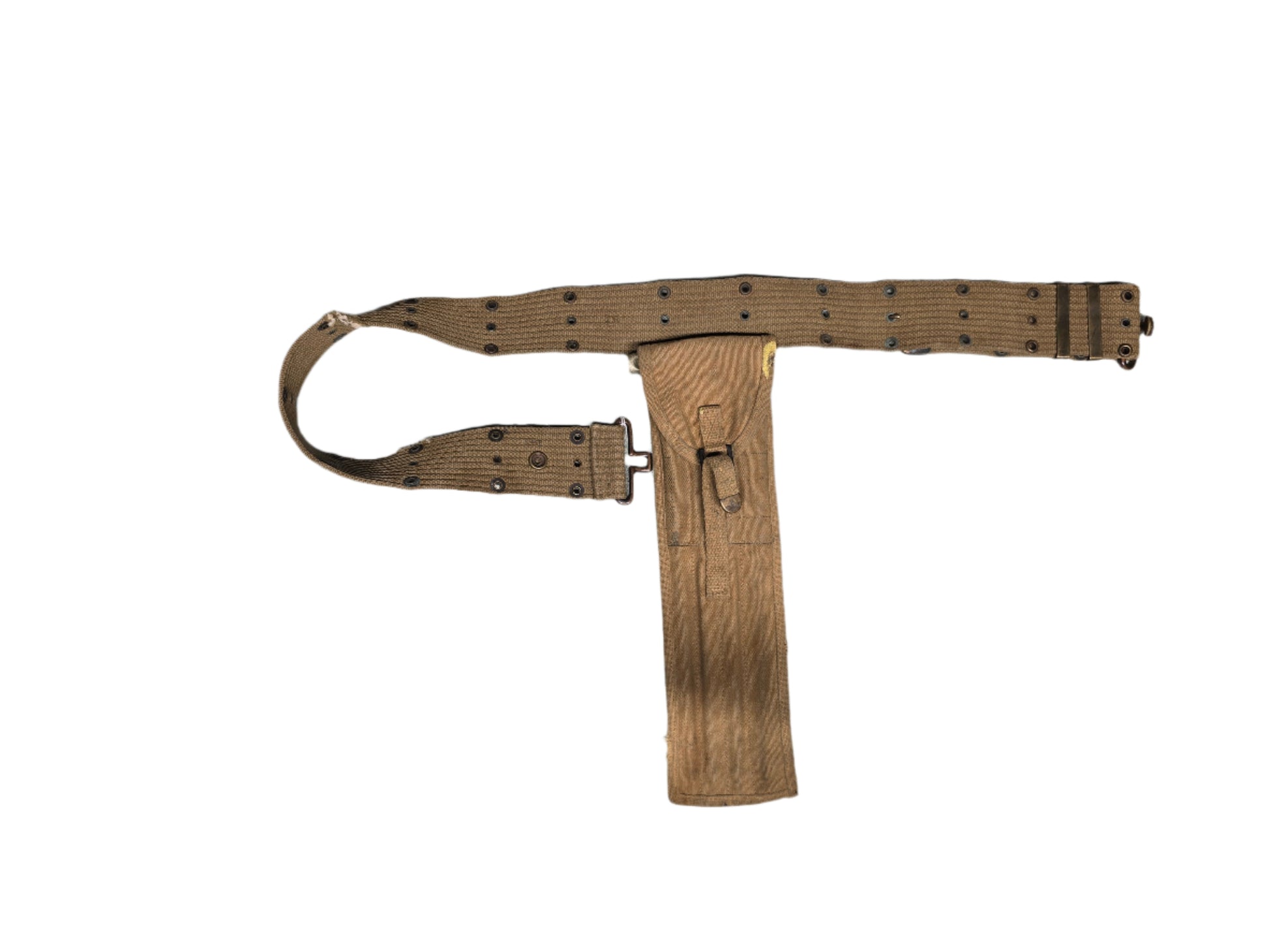 M1 Garand Cleaning Kit with U.S. M1942 Belt, Brown military belt on a white surface with a person wearing camouflage pants in the background.