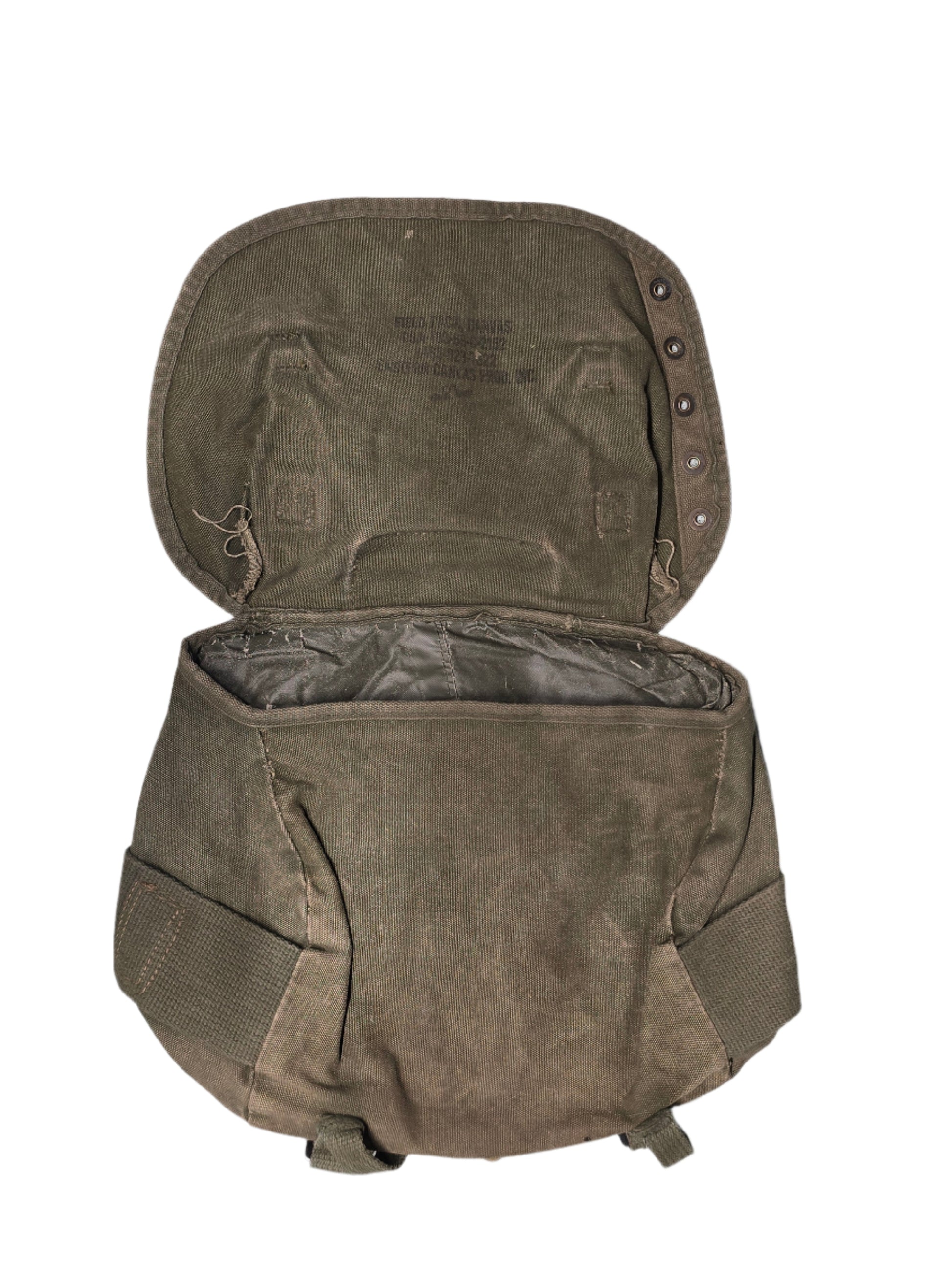 U.S. M-1961 Vietnam War "Field Pack Canvas" Bags Vintage military backpack on a gray background' Open brown bag on a gray background