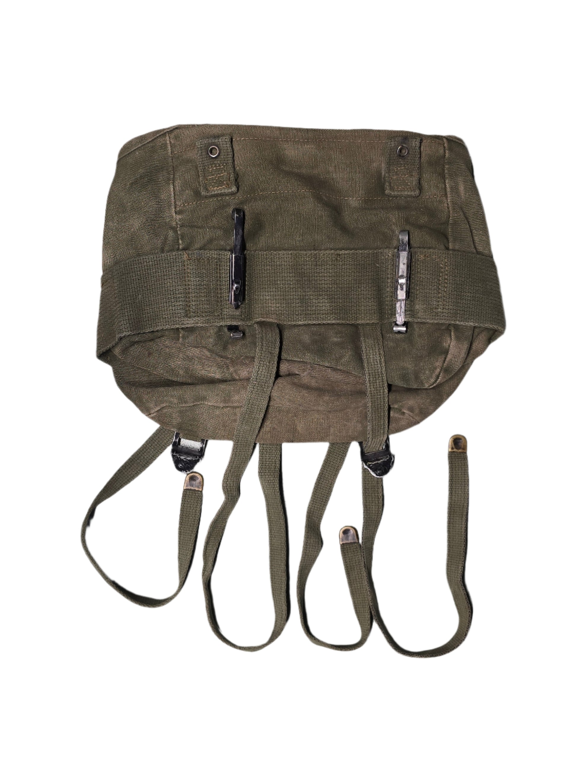 U.S. M-1961 Vietnam War "Field Pack Canvas" Bags Vintage military backpack on a gray background, Green bag with straps on a gray background