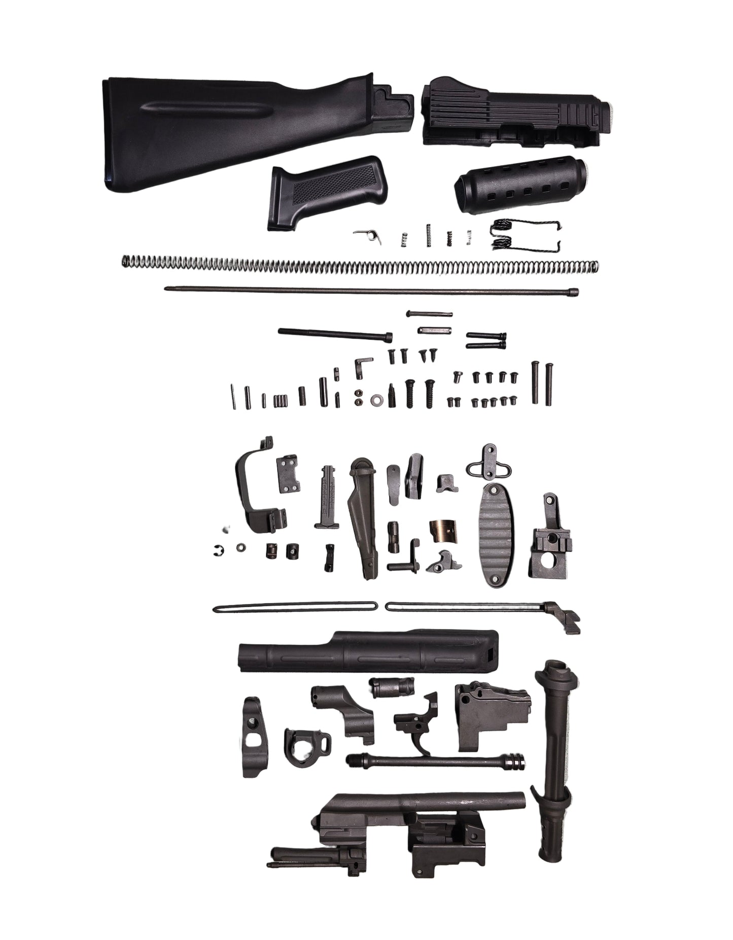 Disassembled black rifle components on a white background