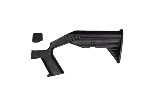 Black rifle stock on a gray background